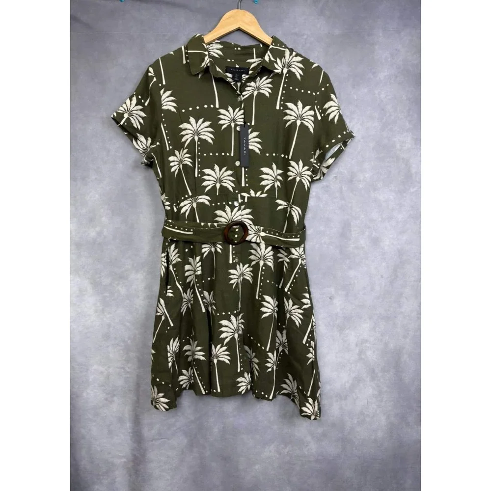 Tahari Olive Green Linen Blend Palm Tree Print Belted Shirt Dress Large NWT